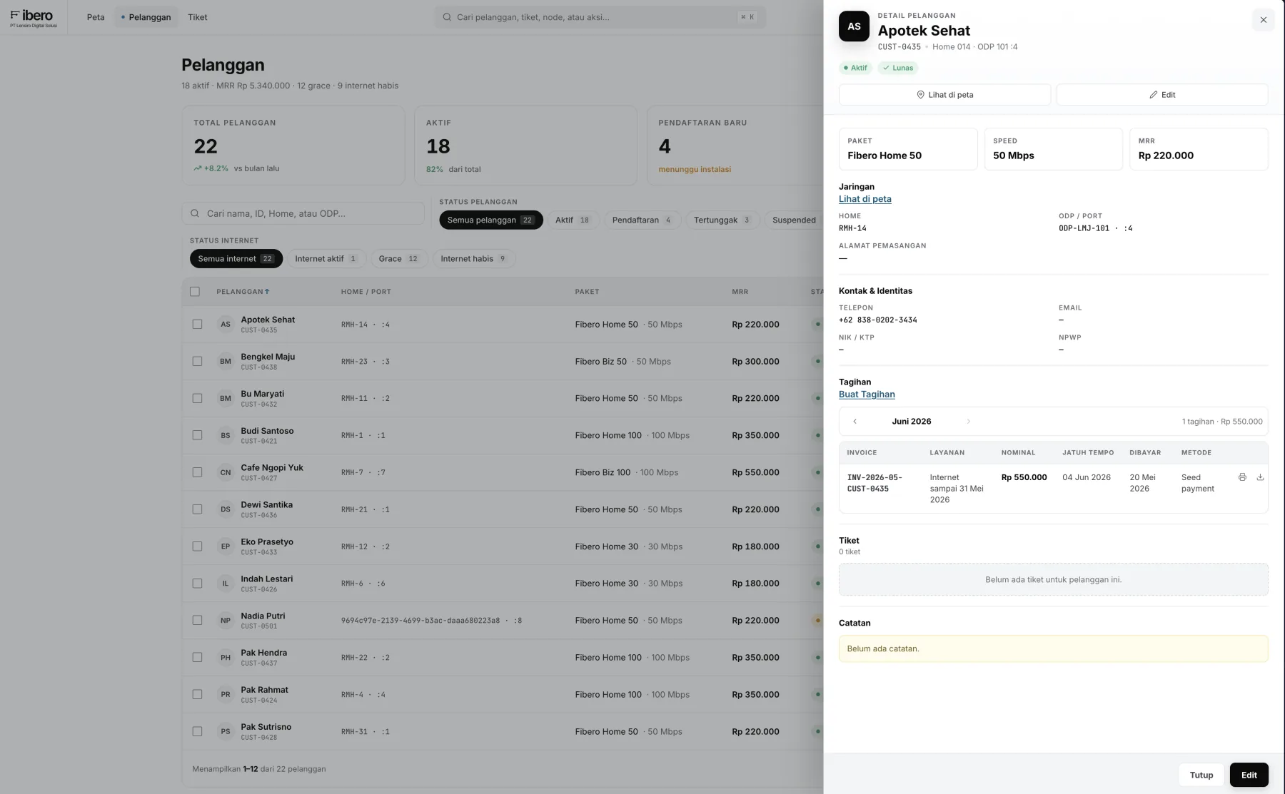 Fibero Pelanggan — tampilan desktop