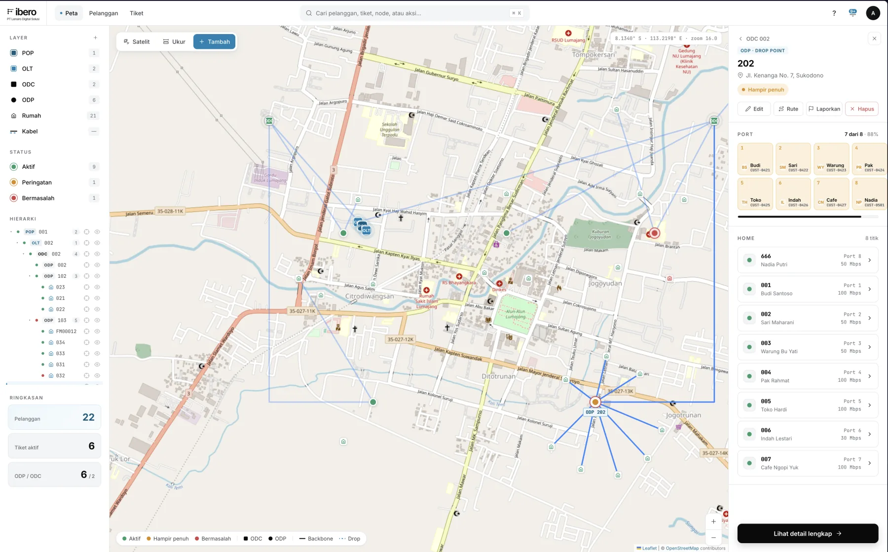 Fibero FiberMap — topologi POP/OLT/ODC/ODP/Rumah di koordinat GPS asli