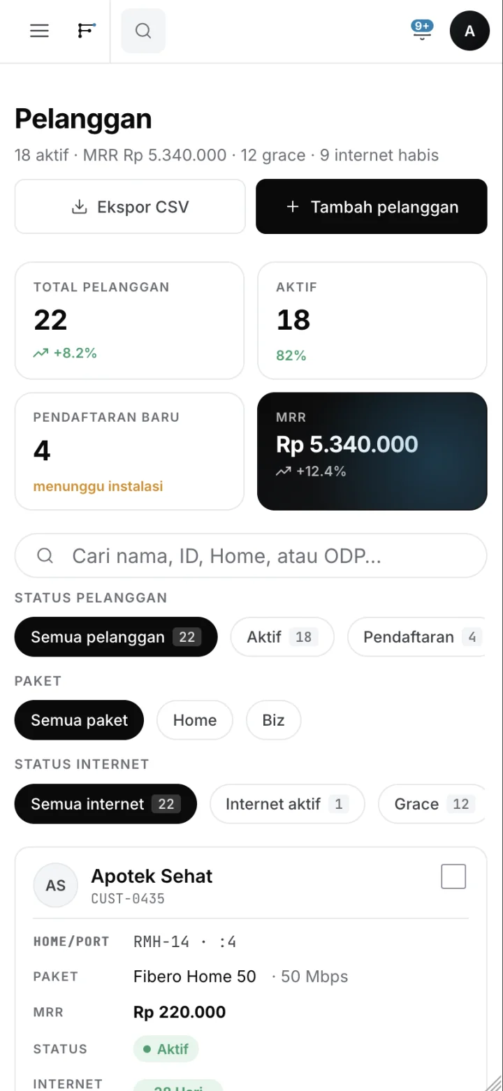 Fibero Pelanggan — tampilan teknisi di lapangan (mobile)