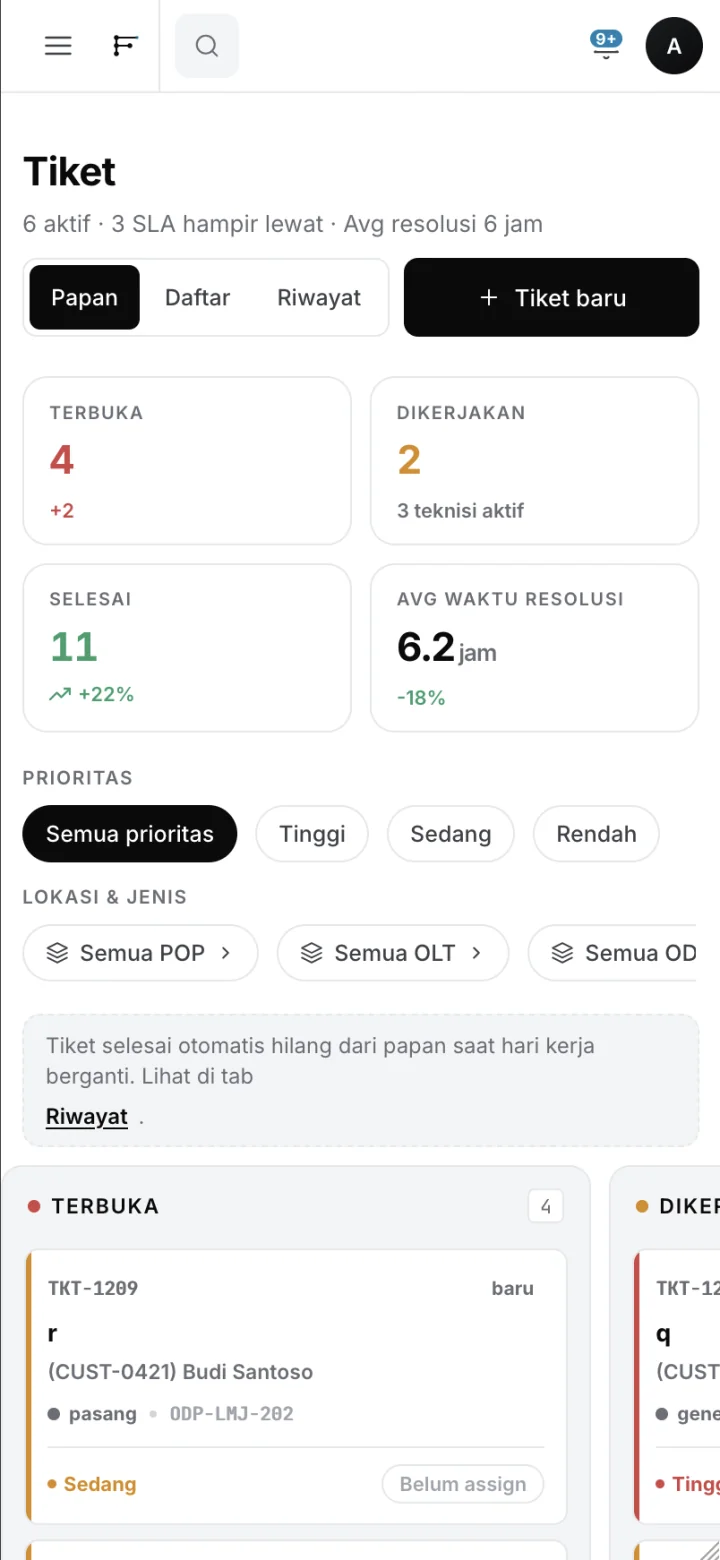 Fibero Tiket — tampilan teknisi di lapangan (mobile)